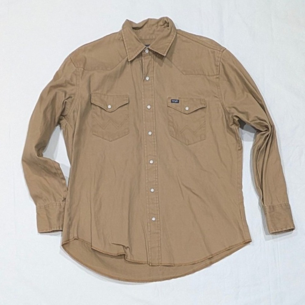Wrangler Mens XL Tan Brush Popper Twill Long Sleeve Pearl Snap Western Shirt